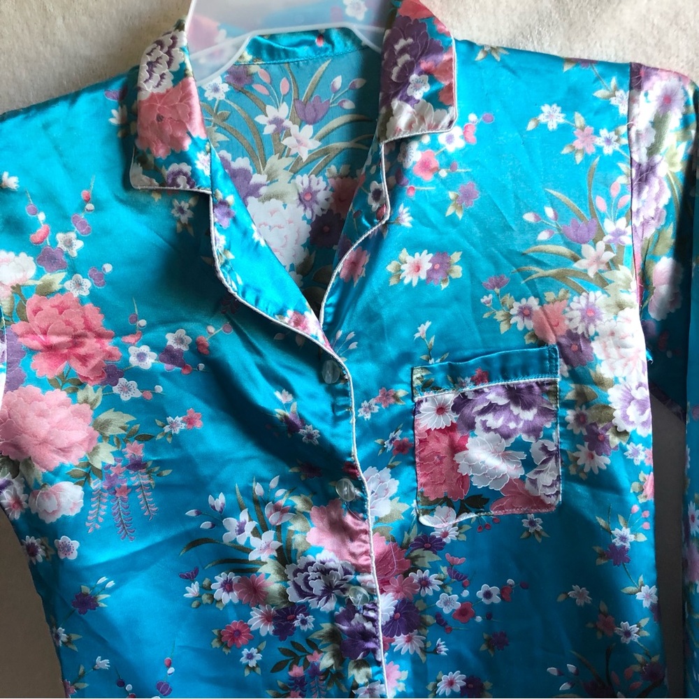 2 pc set sleepwear pajamas teal blue floral loungewear - Picture 3 of 6